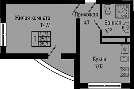 1-комн., 25.97 м², 16/16 этаж, ЖК «Sun Hills Ольгинка»