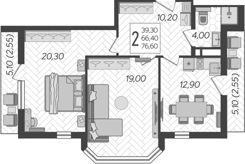 2-комн., 66.4 м², 3/9 этаж, ЖК «LeePrime Residences Polyana Sochi»
