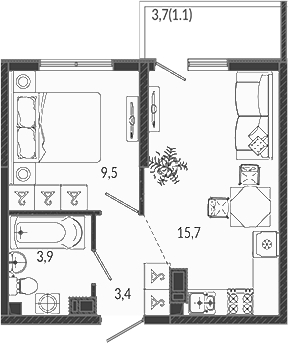 2-комн., 32.5 м², 9/12 этаж, ЖК «Флора»