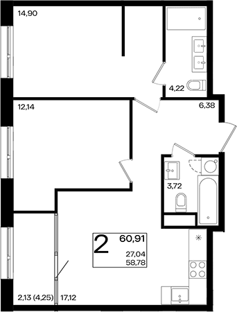 3-комн., 58.78 м², 9/10 этаж, ЖК «Патрики»