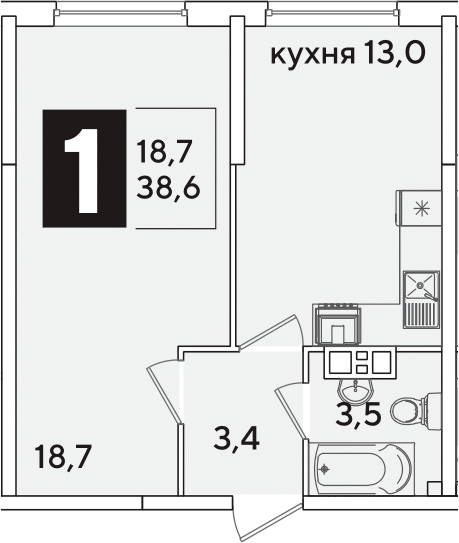1-комн., 38.6 м², 6/16 этаж, ЖК «Самолет»