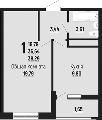 1-комн., 36.64 м², 18/24 этаж, ЖК «Славянка»