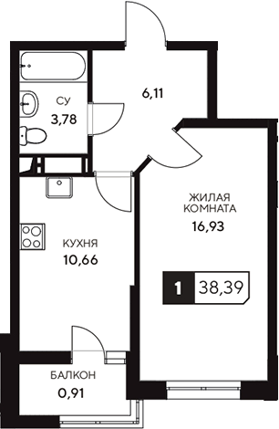 1-комн., 37.48 м², 5/20 этаж, ЖК «Центральный. Гамма»