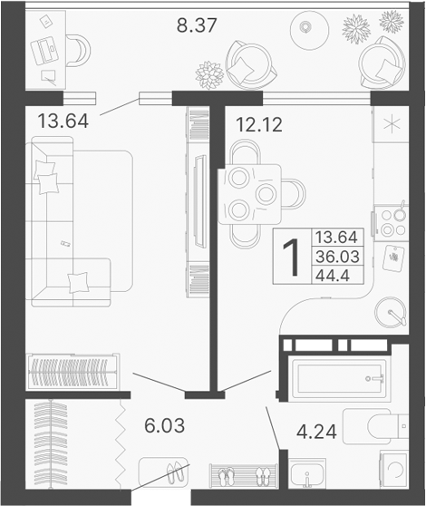 1-комн., 36.04 м², 4/17 этаж, ЖК «Светский лес»