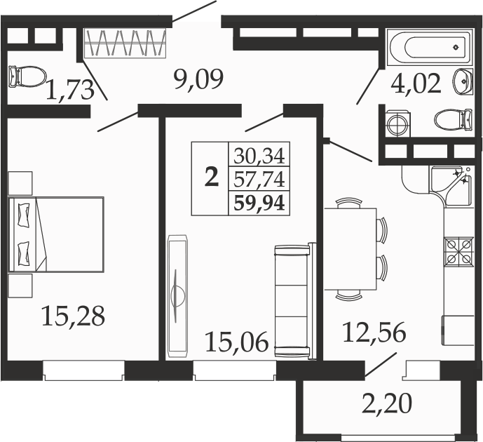 2-комн., 57.74 м², 15/18 этаж, ЖК «Родные Просторы»