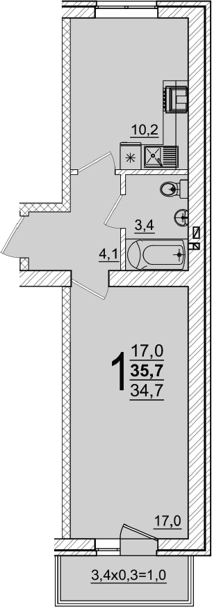 1-комн., 34.7 м², 1/5 этаж, ЖК «Дарград»