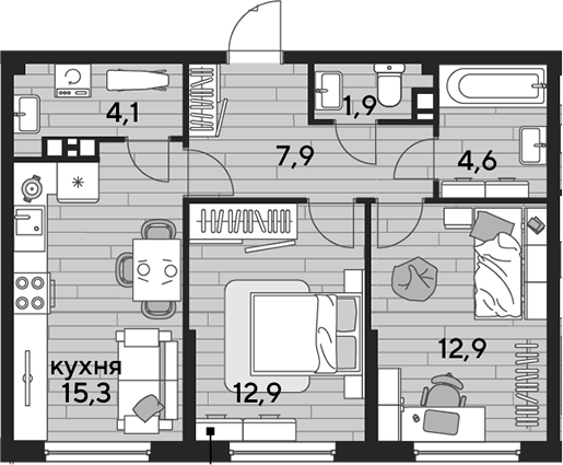 2-комн., 59.6 м², 9/16 этаж, ЖК «DОГМА ПАРК»