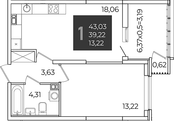 1-комн., 39.22 м², 3/21 этаж, ЖК «Образцово»