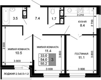 3-комн., 54 м², 8/16 этаж, ЖК «Дыхание»