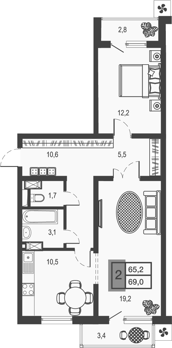 2-комн., 62.78 м², 15/19 этаж, ЖК «Дом у озера»
