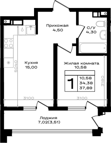 Продается 1-комн. квартира, 34.38 м²