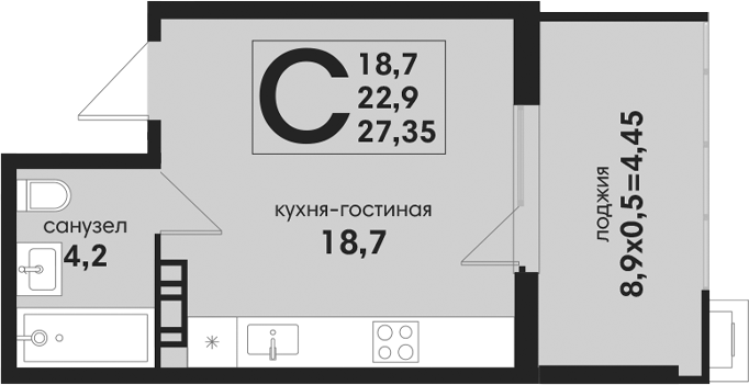 Студия, 22.9 м², 2/4 этаж, ЖК «Новая Елизаветка»