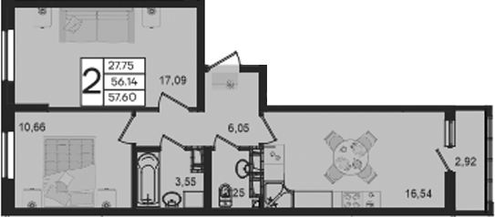 2-комн., 56.14 м², 3/18 этаж, ЖК «Дом 101»