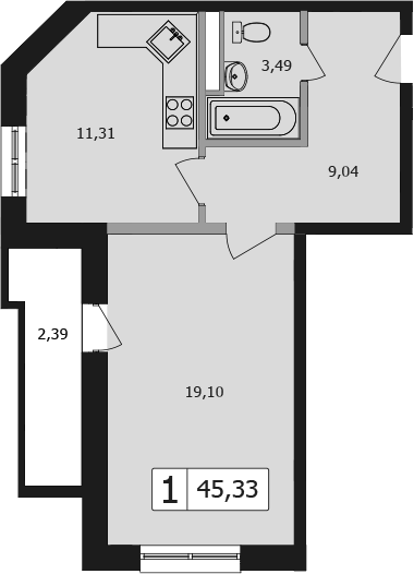 1-комн., 42.94 м², 10/16 этаж, ЖК «Жемчужина»
