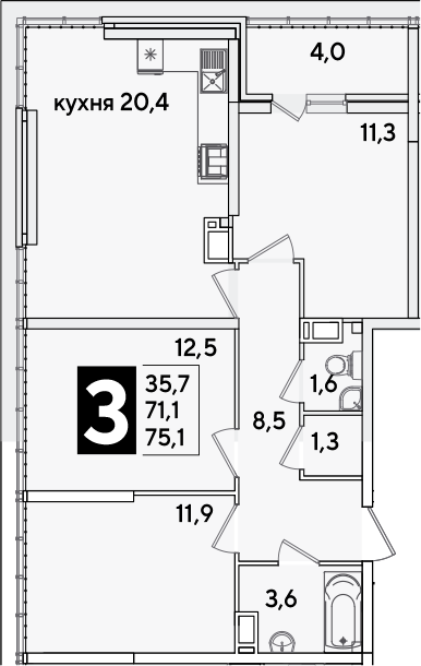 4+ комнаты, 71.1 м², 16/16 этаж, ЖК «Самолет»