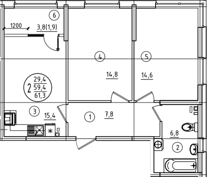 2-комн., 59.4 м², 2/9 этаж, ЖК «Барса»