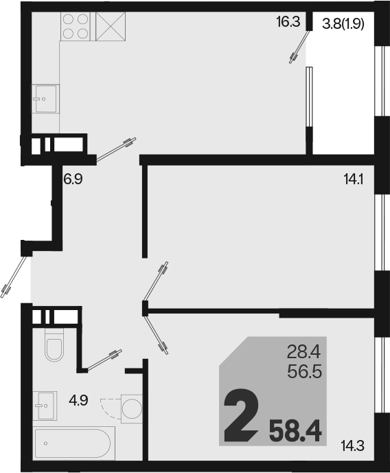 3-комн., 56.5 м², 6/18 этаж, ЖК «Первое место»