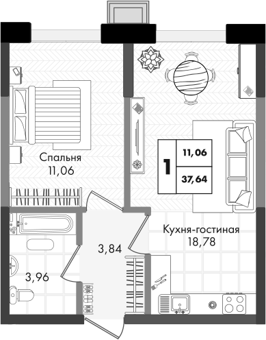 2-комн., 37.64 м², 7/9 этаж, ЖК «Зеленая территория»