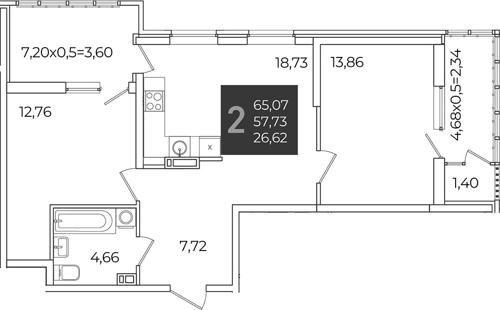 2-комн., 57.73 м², 9/21 этаж, ЖК «Образцово»