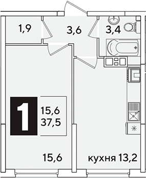 1-комн., 37.5 м², 8/16 этаж, ЖК «Самолет»