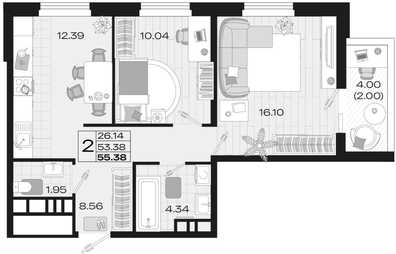 2-комн., 53.96 м², 9/14 этаж, ЖК «Римские Каникулы»