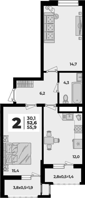 2-комн., 52.6 м², 2/8 этаж, ЖК «Родной дом 5»