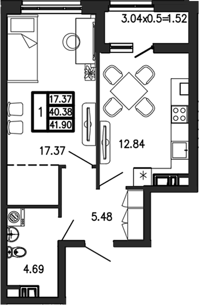 1-комн., 40.38 м², 1/9 этаж, ЖК «Суворов»