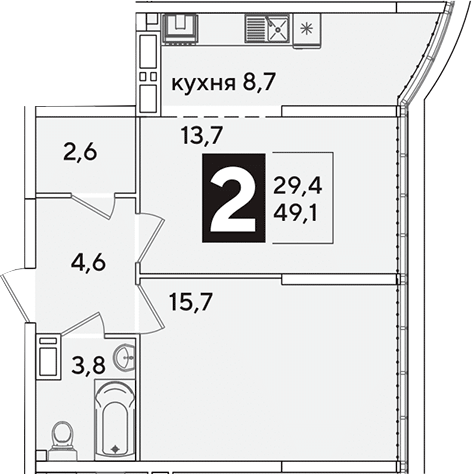 2-комн., 49.1 м², 16/16 этаж, ЖК «Самолет»