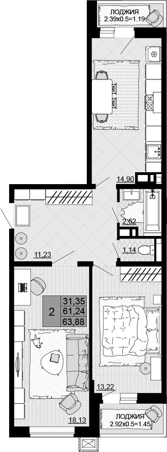 2-комн., 61.24 м², 2/12 этаж, ЖК «Дружба»