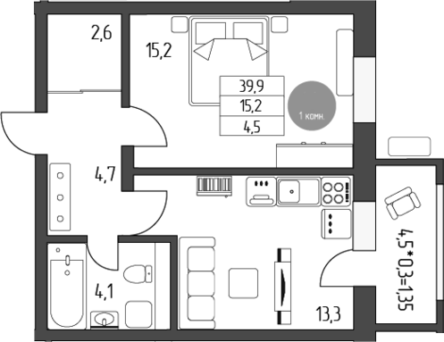1-комн., 39.9 м², 1/5 этаж, ЖК «Лермонтов»
