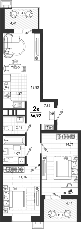 2-комн., 58.07 м², 16/18 этаж, ЖК «Родные Просторы»