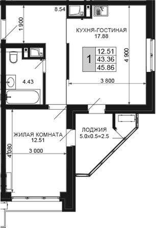 2-комн., 43.36 м², 14/16 этаж, ЖК «Сегодня»