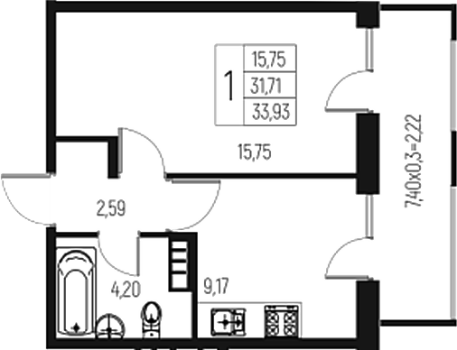 1-комн., 31.71 м², 3/7 этаж, ЖК «Атаманский Сад»