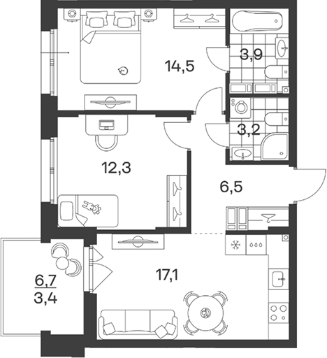 3-комн., 57.5 м², 7/12 этаж, ЖК «Символ. ГК Трест»