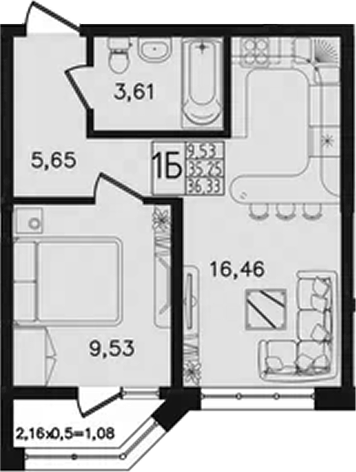2-комн., 35.25 м², 10/14 этаж, ЖК «Яблоневый»