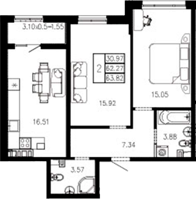2-комн., 62.25 м², 1/9 этаж, ЖК «Суворов»