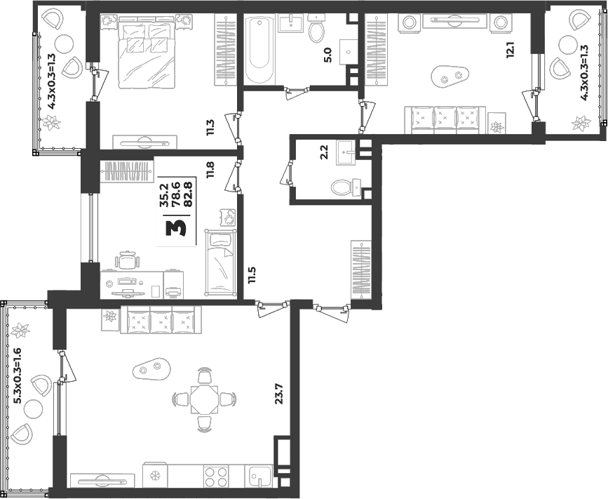 3-комн., 78.6 м², 4/9 этаж, ЖК «Лето»