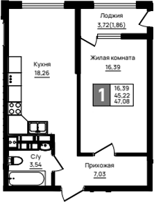 1-комн., 45.22 м², 10/18 этаж, ЖК «Резиденция морей»