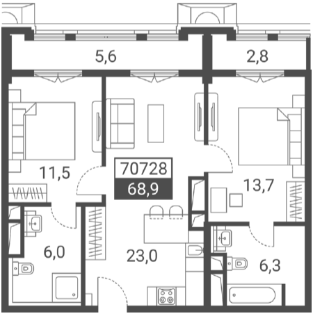Объект, 60.5 м², 5/7 этаж, ЖК «Красная поляна 540»
