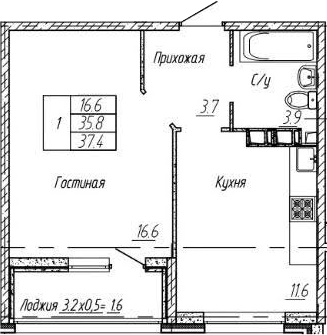 1-комн., 35.8 м², 9/9 этаж, ЖК «Архитектор. ГК ЮгСтройИнвест»