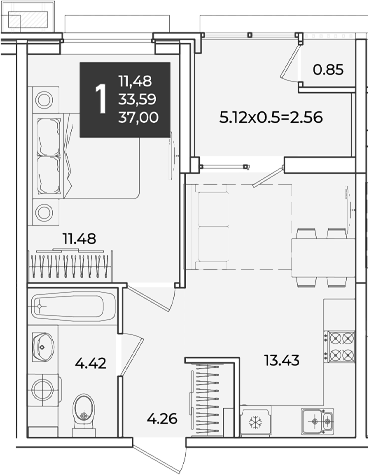1-комн., 33.59 м², 2/18 этаж, ЖК «Образцово»