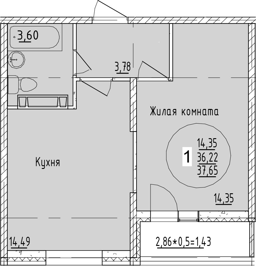 1-комн., 36.22 м², 7/19 этаж, ЖК «Друг»