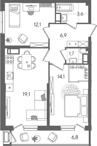 3-комн., 57.5 м², 17/24 этаж, ЖК «Рекорд»