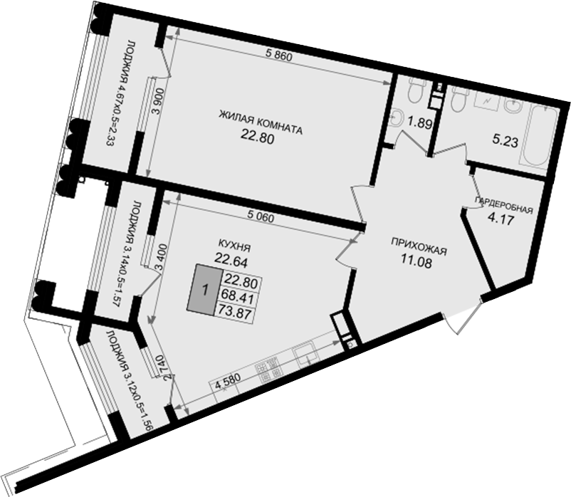 1-комн., 68.41 м², 2/8 этаж, ЖК «Резиденция морей»