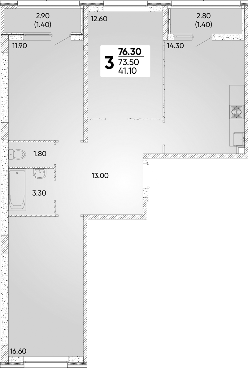 3-комн., 73.5 м², 2/9 этаж, ЖК «Архитектор. ГК ЮгСтройИнвест»