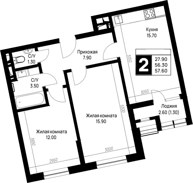 2-комн., 56.3 м², 6/9 этаж, ЖК «На высоком берегу»