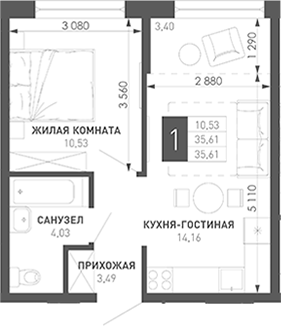 1-комн., 32.21 м², 16/18 этаж, ЖК «Иначе в Молодежном»