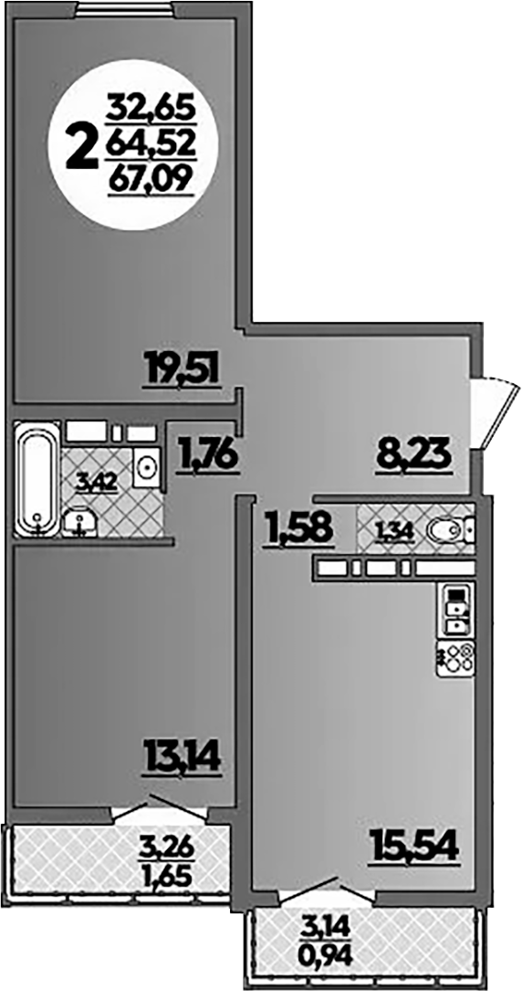 2-комн., 64.5 м², 7/16 этаж, ЖК «Город у моря»