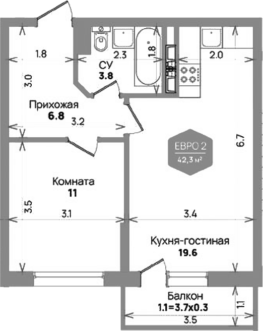 2-комн., 41.2 м², 6/21 этаж, ЖК «Бауинвест»