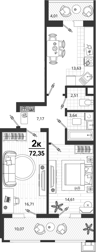 2-комн., 58.27 м², 2/18 этаж, ЖК «Родные Просторы»